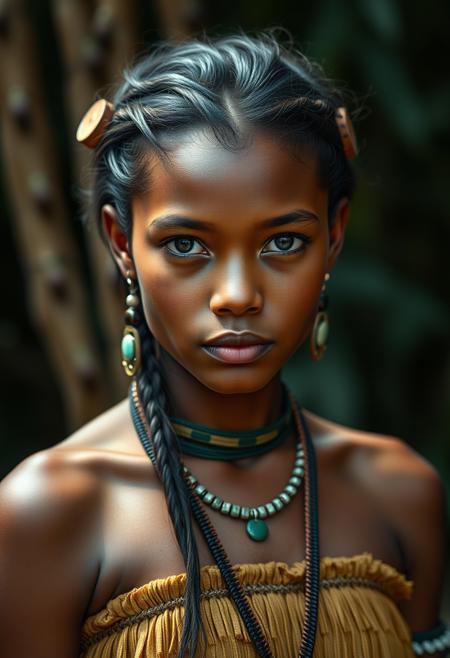 score_9, score_8_up, score_7_up, realistic lighting, photo, photorealistic, Beautiful Amerindian girl portrait, off shoulders, wearing very detailed Amerindian's Tribal wears,
