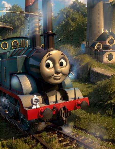 1train, <lora:Thomas the Tank:0.9>,Thomas The Tank,,train tracks,bridge,grass background,high quality,highly detailed,(smoke out of funnel:1.4),cgi,realistic,3d,sun,godrays,