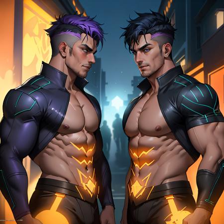 two  handsome men wearing skimpy body revealing Halloween costumes going around suburban neighbourhood treat and tricking, insanely detailed, front view, symmetrical, octane render, concept art, abstract, artistic, 8k, cinematic, unreal engine 5, ultra sharp focus, highly detailed, vibrant