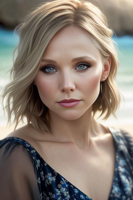 (sharp focus:1.2), photo,  kristenbell woman  (beautiful face:1.1), detailed eyes, luscious lips, (cat eye makeup:0.85),   wearing (romper:1.2) on a (beach:1.2).  (moody lighting:1.2), depth of field, bokeh, 4K, HDR. by (James C. Christensen:1.2|Jeremy Lipking:1.1). <lora:KristenBell:0.7>