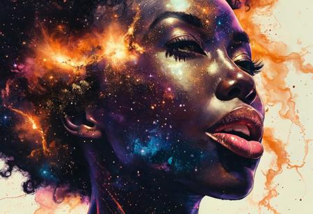 A sexy woman with a galaxy inside her afro, (tongue out, saliva, drool:1.3) galaxies, reflection inside glasses, space reflecting inside glasses, space, galaxies, vibrant, Silhouette Art, breathtaking ( absurdres divine aesthetic  FaeTastic extravaganza alcohol ink sketch). amazing, fine, detailed, masterpiece, lovely, charming, awe-inspiring, radiant, magnificent. (all dark hues and fine vibrant orange glowing smoldering accent and shiny gold color scheme:1.02). glossy. award-winning, professional, highly detailed . extremely high-resolution details, photographic, realism pushed to extreme, fine texture, incredibly lifelike, high contrast, style of Afrofuturism, galaxies, nebula,