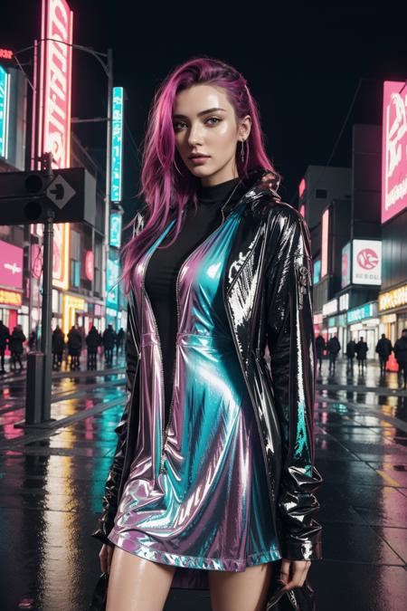 masterpiece, concept art, close shot, highly detailed, centered, 1girl in a (shiny color dress) standing in the rain, dreamy cyberpunk girl, cyberpunk art style, cyberpunk beautiful girl, cyberpunk girl, model girl, cyberpunk vibe, beautiful digital artwork, bright cyberpunk glow, cyberpunk vibrant colors, neon rainy cyberpunk setting, cyberpunk vibes, neon rain, cyberpunk art ultrarealistic 8k, has cyberpunk style