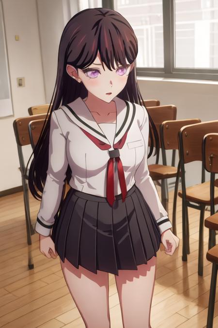 best quality, masterpiece, highres, solo, {shiina_taki_bangdreamitsmygo:1.15}, long_hair, black_hair, purple_eyes, mole_under_eye, mole, bangs, indoors, brown_hair, 1girl, school_uniform, anime_coloring, blush, serafuku