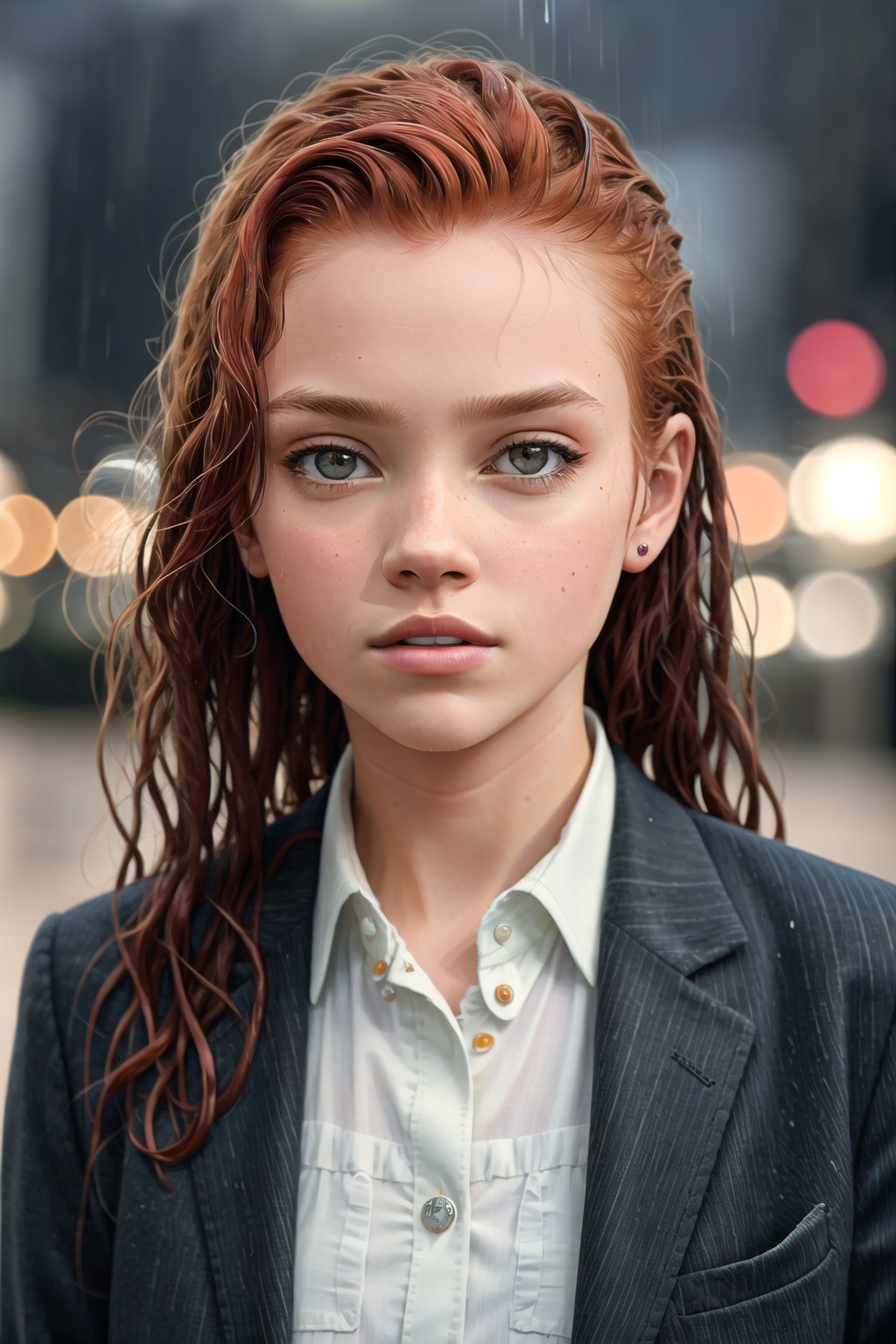 (DollieNobodySD15:0.8) portrait beautiful ginger woman wearing a business suit long sleeve button shirt caught in the rain...
