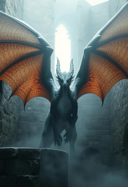 close up shot of a Wyvern with huge wings, mist rising off it ,(in a ancient stone castle), looking at the camera , frost breath, hyper realistic, photography style, ultra detailed