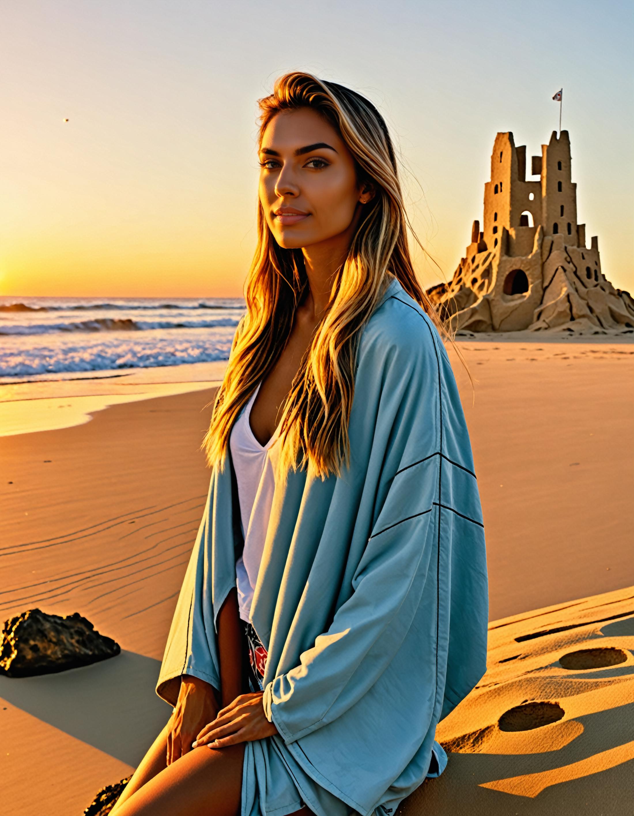 A beautiful young woman posing on the beach with a sandcastle in the background.