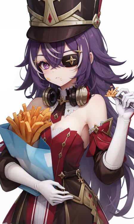 <lora:å¤æ²è¾-000019:1>,Chevreuse,1girl,food,food on face,solo,hat,purple hair,holding,eyepatch,french fries,long hair,gloves,eating,purple eyes,holding food,looking at viewer,white gloves,white background,bare shoulders,bangs,military hat,uniform,hair between eyes,simple background,chicken \(food\),, 1girl,
,  (masterpiece,best quality:1.2),absurdres