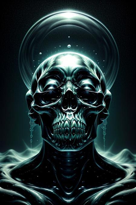 A close-up photorealistic image of a crystal-like floating skull facing dynamic view with its mouth open, pouring from it's mouth a shimmering liquid resembling the universe onto the ground, filled with rich stars and swirling galaxies. A simple void background enhances the dark atmosphere, shrouded in fog, capturing the hypnotic flow and shimmer of the cosmic liquid,