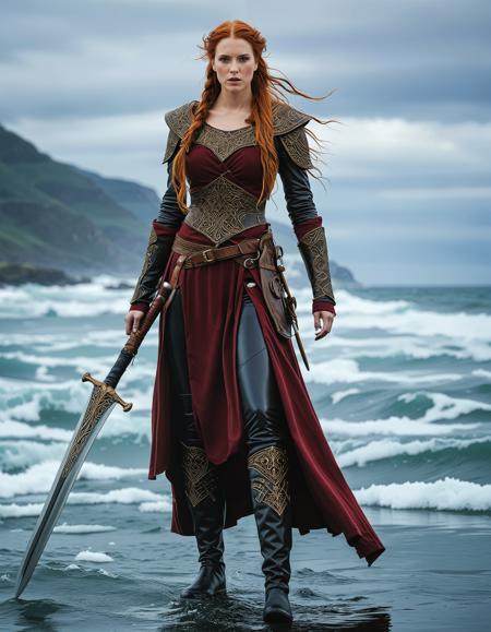 RAW full body analogue photo of a gorgeous 25 years old freyja, auburn hair, braided hair, magic, viking queen, mythic beauty, <lora:NBN-Freyja_NordicByNature:0.8>, BattleReady Shieldmaiden, A fierce nbn-freyja standing on the prow of a longship, gripping a bloodstained sword and shield, her braided hair whipping in the icy wind.