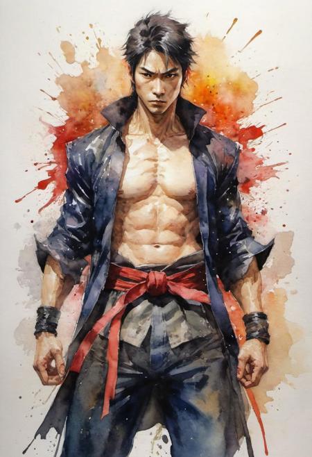 by Shotaro Ishinomori,  (shiny, artstyle-watercolor but extremely beautiful:1.4), (intricate details, masterpiece, best quality:1.4) , in the style of nicola samori, 
long hu men style 2D art, Vibrant, dynamic, arcade, 2D fighting game, highly detailed, reminiscent of Street Fighter series,, looking at viewer