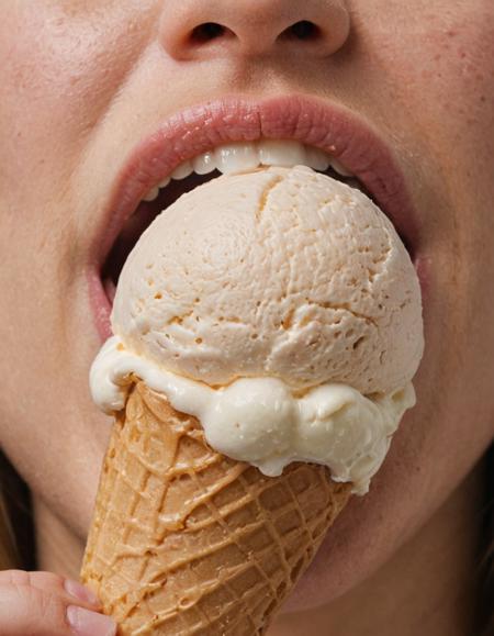 extreme closeup of an ice cream is being leaked by a woman's tongue