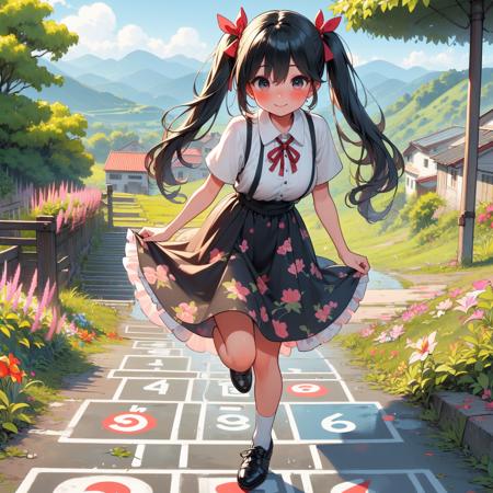 (((masterpiece))),  (((best quality))),  hopscotch,  hopping one-leg,  standing on numbers in white large grid,  red fluttering floral skirt,  black stocking,  leather shoes,  banyan,  countryside,  utility pole,  solo,  1girl,  big tits,  hot,  sweat,  ribbon,  twintail,  smile,  shy,  blush,  (((hillside))),  (((ramp))),<lora:EMS-276124-EMS:1.000000>