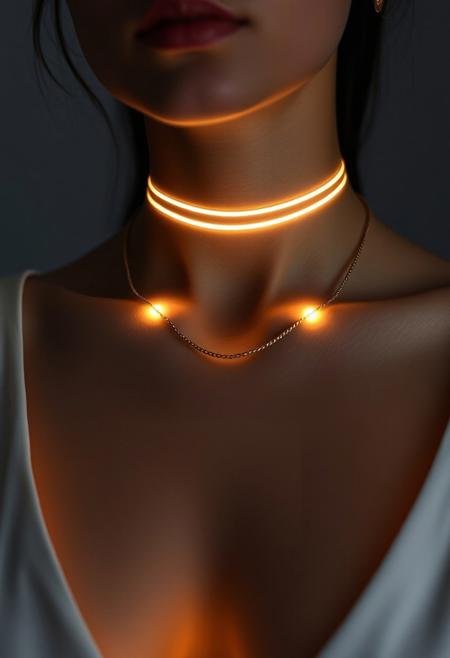 subdermal LED jewelry, (internal LED glow:1.7) forming sleek glowing segments beneath the skin, soft golden light radiating from beneath the collarbone, (smooth golden glow:1.6), (embedded LEDs:1.6) creating minimalistic glowing accents following the body's natural curves, (natural skin tone:1.5), high-definition, ultra-realistic skin textures, (seamless light integration:1.7), glowing light patterns under the skin without external components, (worn jewelry:-1.8), (visible necklace:-1.8), (chain segments:-1.8), radiant but sleek, smooth light transitions beneath the skin, tech-enhanced beauty, modern and minimalist