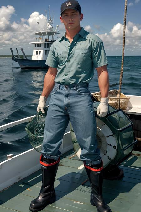 Gulf of Mexico, standing on the deck of a shrimp boat, TravisWade, wearing fitted work shirt, blue jeans, black work boots, work gloves, holding a green fisherman's net, (((full body portrait))), wide angle <lora:TravisWade:0.8>