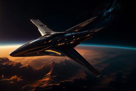 An elegant spaceship flies through a nebula, view from above, suspenseful atmosphere, ultra realistic, hyper detailed, sci-fy, cinematic lighting, highlights, gritty atmosphere, RAW, (realistic photo, best quality, detailed), (8k wallpaper), (cinematic lighting, dramatic lighting), (sharp focus, intricate), zzspczz