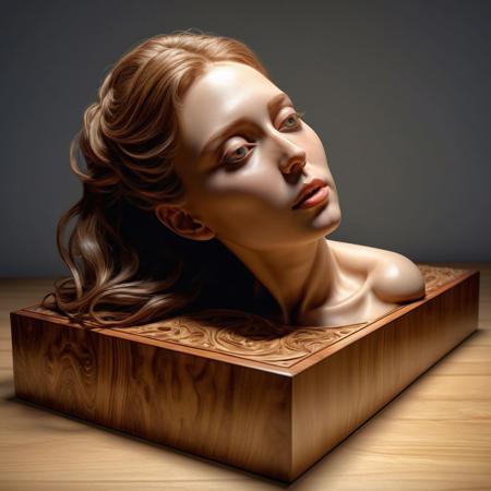 Ultra realistic full body color pencil drawn  portrait of a newly decapitated head of a beautiful European female placed on top of a wooden box,(natural skin color), 
BREAK
dynamic lighting, (soft shadows), (soft focus),  (photo realistic), uhd, 8k