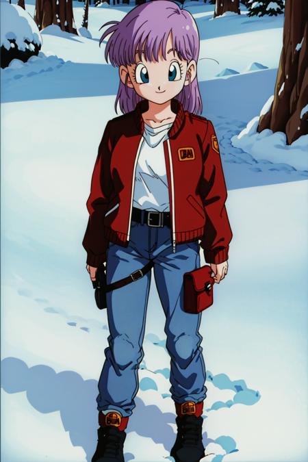 <lora:bulmaptp:0.6>, bulma, 1girl, solo, looking at viewer, smile, bangs, blue eyes, tree, shirt, snow, standing, jacket, full body, white shirt, purple hair, boots, belt, pants, denim, walking, jeans, holster, official style, fanny pack, retro artstyle, 1990s \(style\),