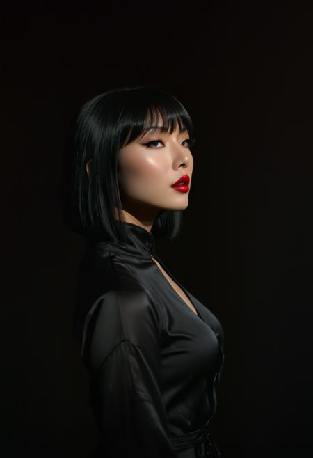 portrait of stunning oriental goth woman, long bob, bangs, lips parted, seductive, sultry, lustful, sexy blouse, silhouetted, light hitting one side of face, the other side in darkness