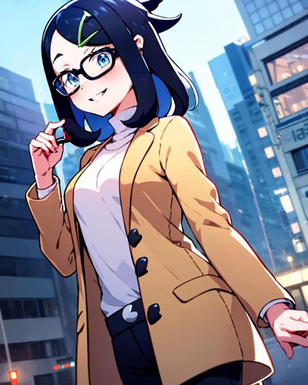 liko_\(pokemon\), hair_ornament, 1girl, blush, smile, dynamic angle, small breasts, looking_at_viewer, glasses, outdoors, photo background, building, coat, pants, city, brown coat, day, standing, real world location, turtleneck, smile, black pants, long sleeves, parted lips, blurry, <lora:liko_pokemon-v2:0.8>