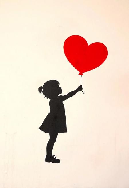 JNANX,luminous white silhouette,cyan glow,emerald highlights,flickering outline,dreamlike movement,
Stencil graffiti art in the style of Banksy: a small girl, shown in black silhouette, with her arm outstretched towards a bright red, heart-shaped balloon that is drifting upwards and away. Minimalist composition against a plain off-white or light-colored wall background.