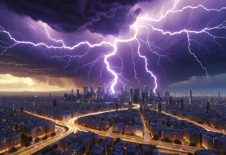 storm statue, made of golden and blue lightning thunder trails, lthndrtrl, futuristic city, stormy sky background, best quality, vibrant colors, realistic style, high detail, hyper-realistic, highres, 4K resolution, realistic photo, masterpiece, ultra-detailed, lthndrtrl, golden purple tones, electric glow, medium shot, <lora:lightning_thunder_V1.1:0.3>