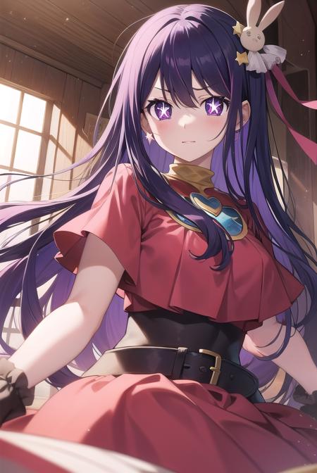 aihoshino, <lora:aihoshino-lora-nochekaiser:1>,
ai hoshino, hair between eyes, hair ornament, hair ribbon, long hair, one side up, (purple eyes:1.1), purple hair, rabbit hair ornament, (star-shaped pupils:1.5), symbol-shaped pupils,
BREAK belt, black belt, brooch, dress, pink dress, frilled dress, frilled gloves, frills, gloves, heart brooch, idol, idol clothes, jewelry, pink gloves, red ribbon, ribbon, turtleneck dress,
BREAK looking at viewer,
BREAK indoors,
BREAK <lyco:GoodHands-beta2:1>, (masterpiece:1.2), best quality, high resolution, unity 8k wallpaper, (illustration:0.8), (beautiful detailed eyes:1.6), extremely detailed face, perfect lighting, extremely detailed CG, (perfect hands, perfect anatomy),