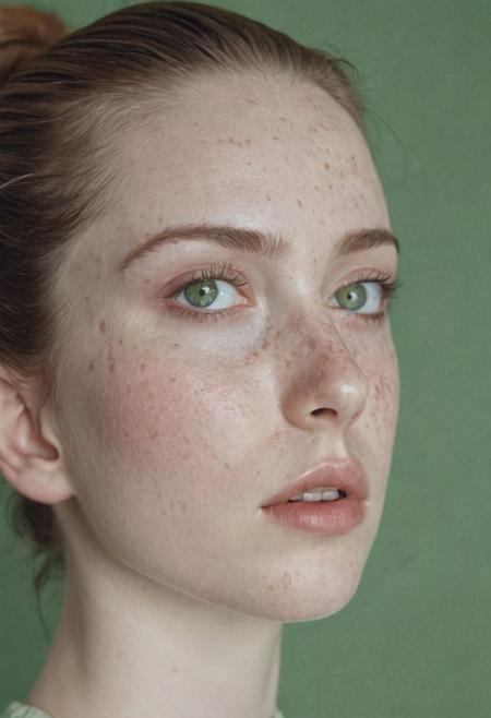 Retro film photo  in great natural lighting, low contrast and subdued. Film distortion and flaws, grainy blur in spots. A beautiful young woman with green eyes and Italian heritage vaguely resembling Tyler, Liv. Pale skin, the lightest freckles, hair pulled back into a tight ponytail. Full cheeks, rounded chin. 
She displays her body, coyly but suggestively, her soft breasts and fit body enticing. 
 inviting intimacy, thin wrists, slender waist, length legs, pubic mound. And thigh gap.  She is aching to make love but is also coy and hesitant, lacking self esteem. 
She looks tired and Strung out, but she is also achingly aroused and super turned on. Sensual passion, achingly horny.  White studio and pale.