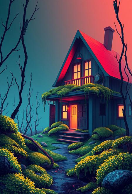 abandon house with moss everywhere, whimsical illustration, geometric abstraction, architectural precision, cyberpunk neon aesthetics, vibrant color palettes, clean lines, intricate detailing, atmospheric lighting, surreal minimalism, playful yet structured composition, cinematic mood, futuristic design, expressive forms, dreamlike storytelling, dynamic contrasts