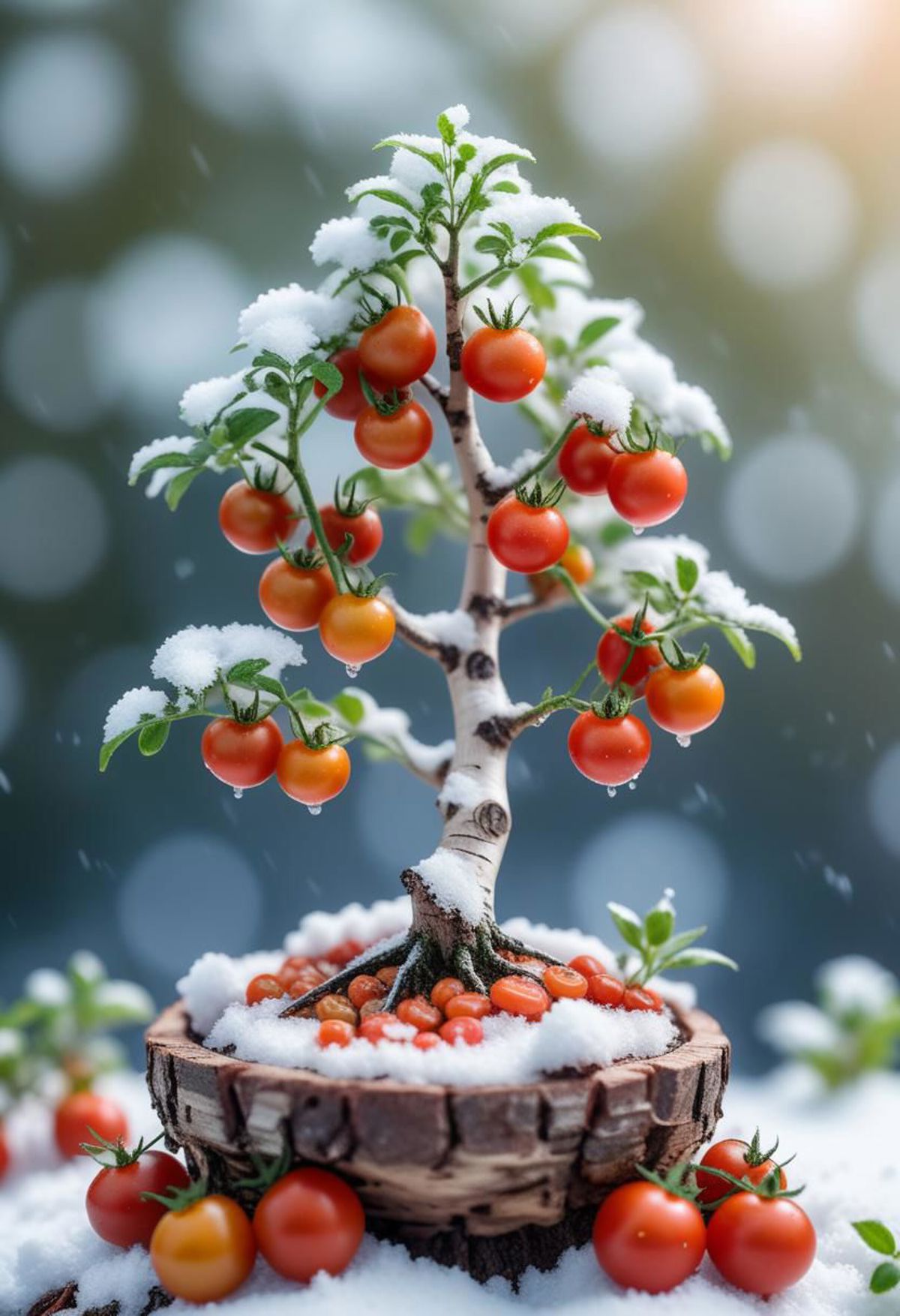 A Tomato Tree in a Pot with Snow on the Branches