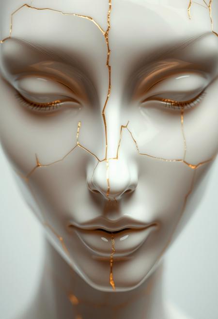 Realistic porcelain face, delicately fractured with geometric precision, the cracks filled with shimmering kintsugi gold, symmetrical and graceful. Soft, ethereal lighting casts a gentle glow over the flawless porcelain texture, highlighting the intricate fractures and gold inlays. The face emanates serenity, with subtle expressions of elegance and quiet contemplation. The fractures are clean, abstract, and artistic, creating a harmonious balance between fragility and strength. Every detail is refined, with a soft-focus background, evoking an atmosphere of ethereal beauty and artistic mastery. The gold repairs glisten like fine jewelry, blending perfectly with the delicate porcelain surface, in a perfect, symmetrical abstract design