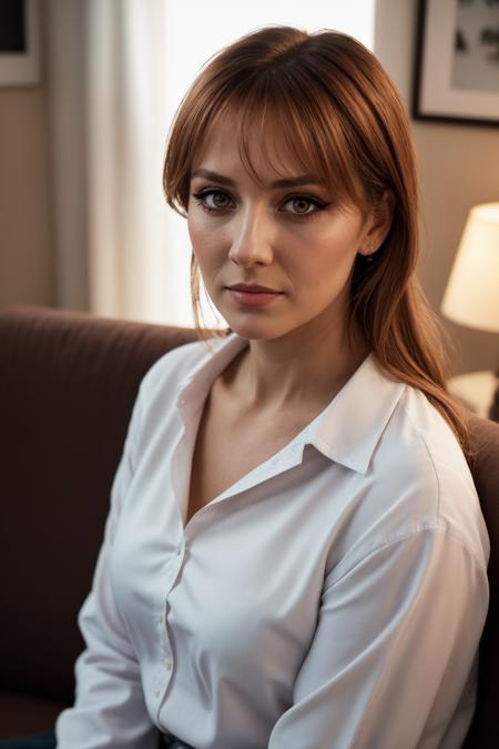 raw photo, (40yo woman), [ Pink | Ashblonde | Gray | Ginger | Auburn | Brown hair], [ auburn | lightblue | amber | emerald | hazel eyes], makeup, graphic eyeliner, rouge, realistic skin texture, blouse, softcore, warm lighting, cozy atmosphere, instagram style