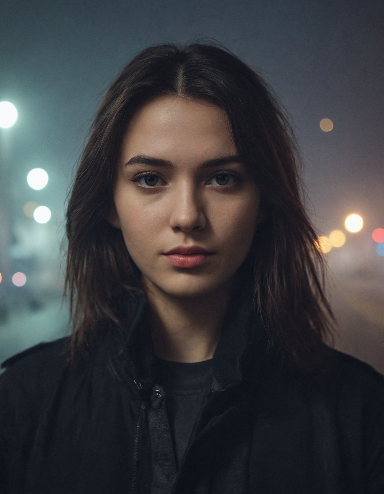 city street, neon, fog, volumetric, closeup portrait photo of young woman in dark clothes