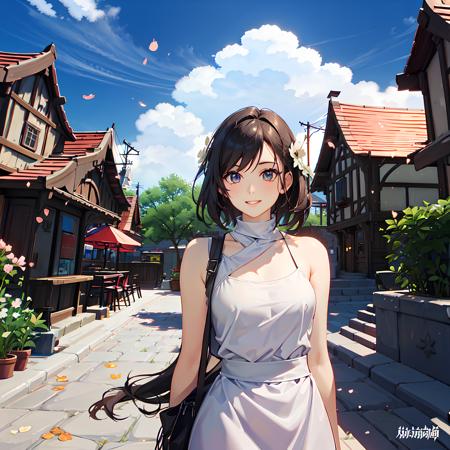 (1 girl),mid shot,smile,perfect face, very beautiful eyes,stars in the eyes,(photo realistic),standing, arms behind back,braid,short hair,(white dress:1.4),(upper body:1.4),(photo background:1.3),(mengde:1.2),small town,flowers,sakura on the ground,sakura trees,booths,street,stairs,masterpiece,best quality, highly detailed, cinematic lighting, sharp focus, realistic ,(high quality, best quality, hi res), (ultimate phtoreal Concept Art),realistic,photo realistic, <lora:GenshinImpactConcept_genshinmondstadtV10:0.8>,