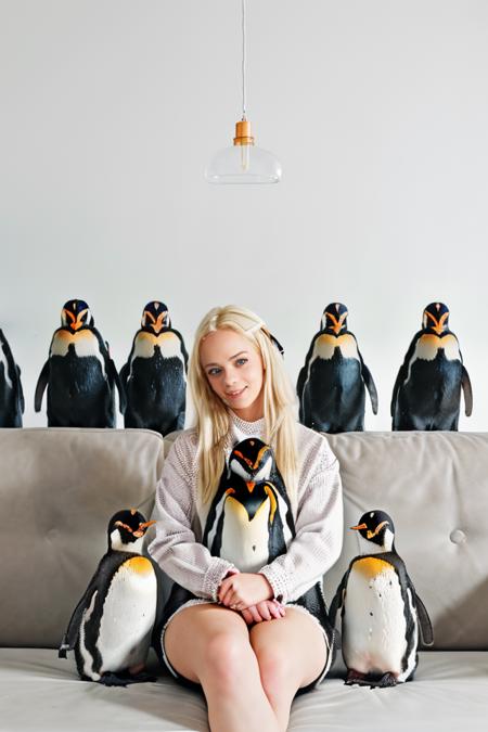 (((1girl surrounded by multiple penguins:1.2))) Professional photograph, long angle shot of 25 year old blonde woman <lora:quiron_ElsaJean_v1_lora:0.6>, elsajeanquiron she's wearing a full body cute pyjamas. She's sitting on a long couch in a white-walled living room, homely background. ((there are penguins behind her and at her sides)). (((multiple black penguins around her))), absurdres, highrest, 8k, masterpiece, highest quality, masterpiece, award winning shot, comical picture, funny vibes.