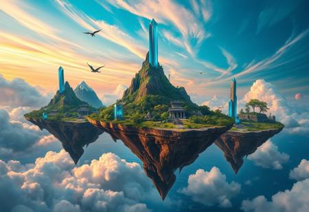 ((blue, orange, pink, sky)), clouds, swirling, 3 floating continent sized islands, the islands are floating high above the ocean, the islands are floating gracefully, the islands are spaces apart, crystals are floating around the islands, eastern dragons are flying between the islands, mountains are visible on floating islands, massive forests on floating islands, jungle trees, vines, beautiful plants, ruins are visible on floating islands, tall obelisks are visible on each floating island, large crystals above each obelisks, blue crystals, floating crystals, crystals floating in sky, trees on floating, exposed earth underneath floating island, dinosaurs are visible on the floating islands, jungle ruins are partially visible on the floating islands, ancient, overgrown, landscapes, intricate details, background colourful, cloud streams, dynamic, vibrant colours, high quality, detailed, realistic, beautiful,