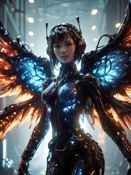 (best quality, masterpiece, colorful, dynamic angle, highest detailed)upper body photo, full body photo, fashion photography of cute mechangel, glowing 4 wings, solo, glowing armor, glowing halo, building, glowing mechanical 4 wings (intricate details, hyperdetailed:1.15), detailed, light passing through hair, (official art, extreme detailed, highest detailed) <lora:ral-blacklight-sdxl:1> made of ral-blacklight