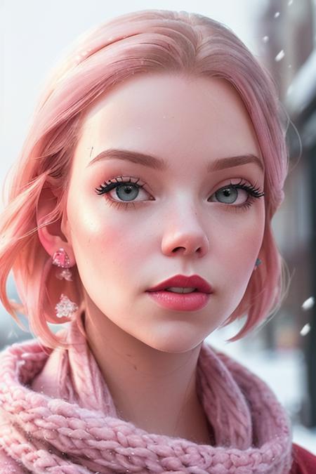 photo of a woman, anya-4080:0.99, ((short hair, pink hair)), ((scarf, sweater)), ((closeup, portrait):1.2), ((walking, outdoors, snow, city):1.1),((red lipstick, eyeliner,  eye shadow, blush):1.2), ((best quality, masterpiece, extreme details, high resolution):1.2),((detailed eyes,beautiful eyes, detailed face, beautiful face):1.2)