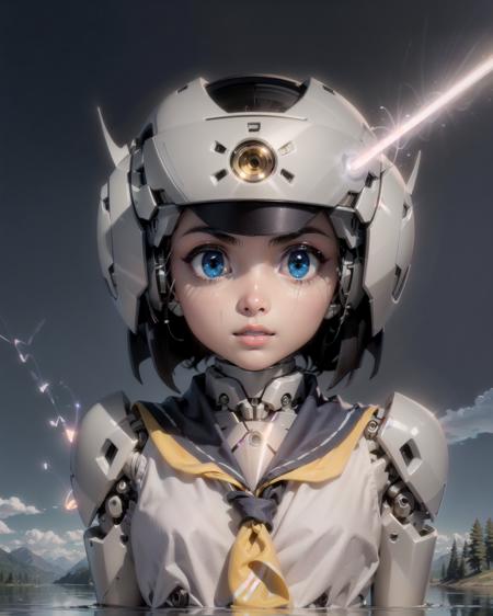 In an exhilarating display, the excited robot girl emits a powerful pink laser beam from the jewel on her forehead, obliterating a plane with her mechanical hair flowing and her full body radiating energy, showcasing the devastating force of her high voltage-powered titanium frame.highres, intricate detailed, masterpiece, HDR, wide shot, 8k resolution, detailed cg, beautiful face, (delicate mechanical body:1.2), (mechanical hair:1.3), (excited:1.2), ravishing, 3d render, detailed eyes and detailed face, detail description of robot, <lora:TPO:0.65>, (ð¤:1.2), (cartoon realistic:1.25), (Pappara-tai:1.35), robot girl, (ouka(Pappara-tai):1.35), (android:1.25), looking to the side, glowing eyes, polishing, (helmet:1.2), girlish face, (reflective sheen:1.3), robotic limb, robotic reveal, (robot neck:1.3), clothed robot, helmet, robot head, (yellow sailor collar:1.25), (glowing armor:1.2), (serafuku:1.3), jeans, sailor shirt, school uniform, (robot joints:1.2), young face, (titanium:1.2), (titanium frame:1.2), forehead red jewel, (porcelain skin:1.4), (robot ears:1.4), polishing, (metallic texture:1.45), robotization, (chrome metal:1.25), (antennae:1.3), distinct image, airbrush, floating, very delicate light, (wide pelvis:1.1), depth of field, ultra sharp focus, best illumination, official art, 3d, A tranquil lake mirrors the surrounding landscape, perfectly reflecting the serene beauty of the mountains and sky, creating a harmonious union between earth and water.