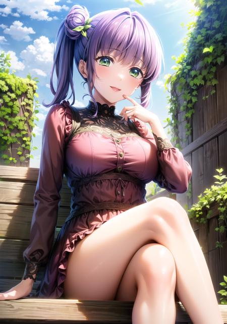 (masterpiece, best quality, ultra-detailed), (illustration), (beautiful detailed eyes), 1girl, solo, otomune kozue, purple hair, (side ponytail:1.3), green eyes, long hair,<lora:KozueV5:0.8>,  large breasts, mature female, 
dress,
 light smile, cowboy shot, tareme, (sitting, crossed legs:1.3)
outdoors, day, blue sky, (greenery:1.3), depth of field, <lora:1651489307798708599 (1):0.6> <lora:add_detail:0.4> <lora:GoodHands-vanilla:1> <lora:tareme:0.4>