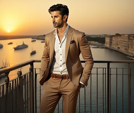 Nautical-themed (Photo:1.3) of (Ultrarealistic:1.3) <lora:Man_Men_FFashion:1> patrick dempsey a man <lora:sidhant-gupta_patrick-dempsey:1> in a tan suit standing on a balcony, sun behind him, inspired by Pablo Munoz Gomez, shot at golden hour, editorial photograph, midshot of a hunky, by Roman Bezpalkiv, by Artur Tarnowski, maxim sukharev, by Gabor Szikszai,Highly Detailed,(Mono Color:1.3) . Sea, ocean, ships, maritime, beach, marine life, highly detailed