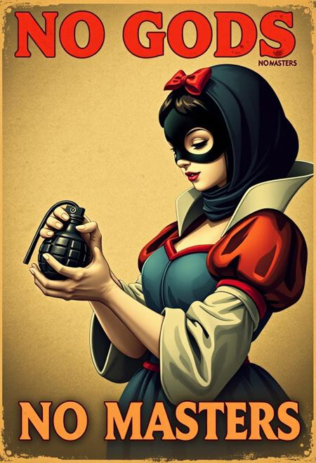 Vintage poster design, retro, 
snow white wearing her beautiful dress a black face mask, preciously holding a hand-grenade with both hands and looking at it, "NO GODS NO MASTERS"