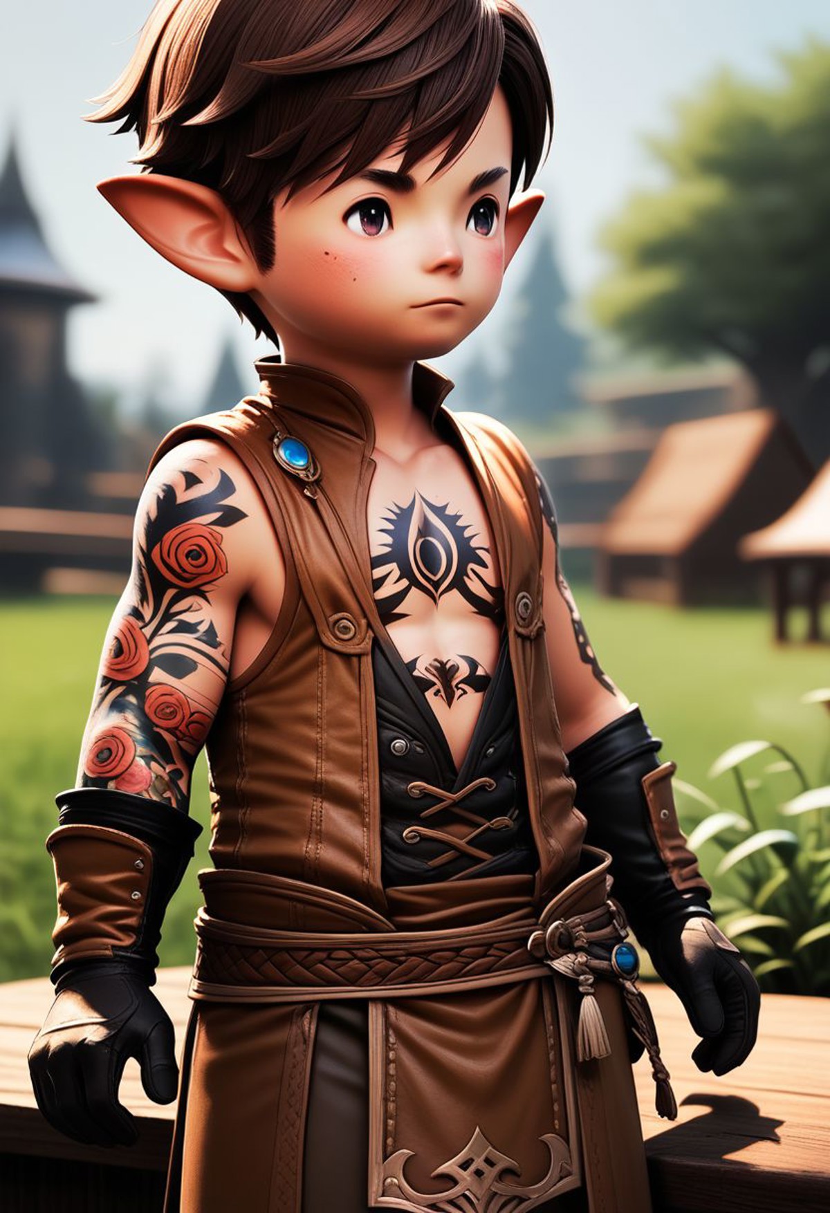 lalatater, solo, pointy ears, lalafell, depth of field, outdoors, brown hair, blurry, male focus, tattoo, 1boy, gloves, e ...