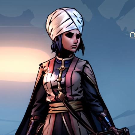 1girl, solo, female, turban, portrait, the occultist, darkest dungeon <lora:NecroSketcherAlpha:0.8>