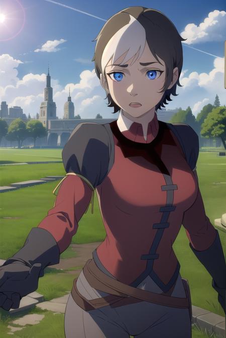 cassandraderolo, <lora:cassandra de rolo-lora-nochekaiser:1>,
cassandra de rolo, short hair, blue eyes, black hair, white hair, multicolored hair, two-tone hair,
BREAK gloves, black gloves, pants, puffy sleeves, long sleeves, shirt, red shirt, high collar,
BREAK outdoors, forest, nature, grass, trees, sun, sky, clouds,
BREAK looking at viewer, (cowboy shot:1.5),
BREAK <lyco:GoodHands-beta2:1>, (masterpiece:1.2), best quality, high resolution, unity 8k wallpaper, (illustration:0.8), (beautiful detailed eyes:1.6), extremely detailed face, perfect lighting, extremely detailed CG, (perfect hands, perfect anatomy),