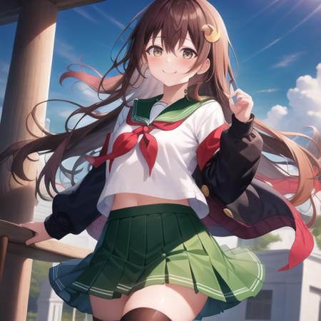 (masterpiece, best quality:1.2),illustration,8k,hd,1girl,solo,upper body,(portrait:1.2),very long hair,brown hair,serafuku,smile,crescent pin,blush,pleated skirt,black thighhighs,red neckerchief,green skirt,brown eyes,long sleeves,hair between eyes,green sailor collar,long sleeves,<lora:Kisaragi(kan):0.7>,