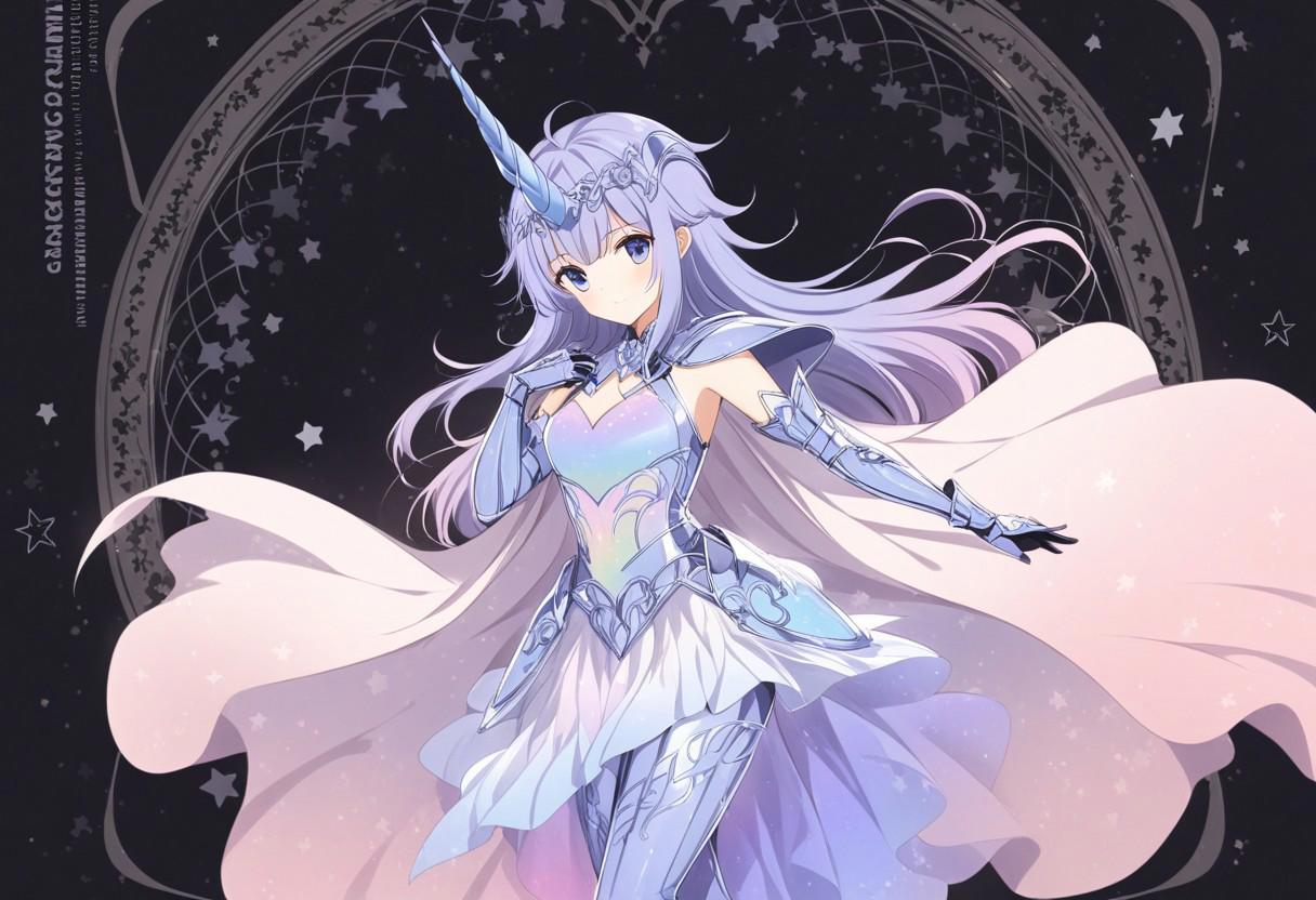 score_9, score_8_up, score_7_up, source_anime, human, masterpiece, best quality, 1girl, solo, Unicorn-themed armor concept, ethereal design, lightweight materials, unicorn helmet, shimmering horn feature, flowing mane accents, iridescent chest plate, magical glyph engravings, wing-like shoulder guards, flexible arm sleeves, elegant gauntlets, padded leggings, hoof-like boots, textured soles for grace, cascading cape with star patterns, integrated utility pockets, enchanting color palette, pastel hues, pearlescent finishes, whimsical motifs, protective yet graceful, unicorn symbol background, dark, chiaroscuro, low-key