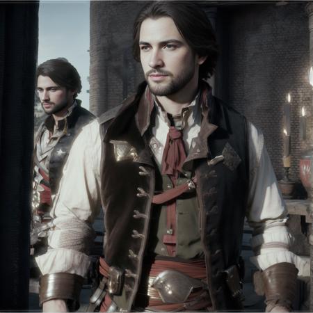 high quality, best quality, 8 k,(realistic, photo-realistic:1.4), detailed face, detailed clothes, assassin, 1boy,facial hair,black vest,boots <lora:ACTrain2:1>