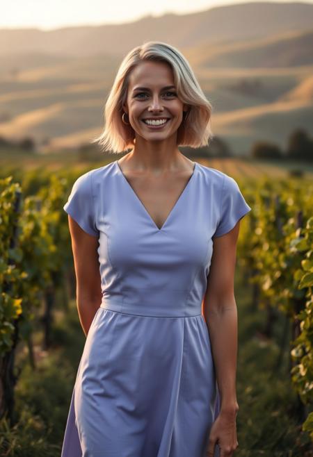 A full-body portrait of a German woman, 30 years old, fair skin, short ash-blonde hair, wearing a stylish lavender short dress, smiling brightly in a lush vineyard with rolling hills in the distance, soft afternoon lighting, cinematic tones, Canon RF 85mm f/1.4 lens, hyperrealistic, MidJourney v6.