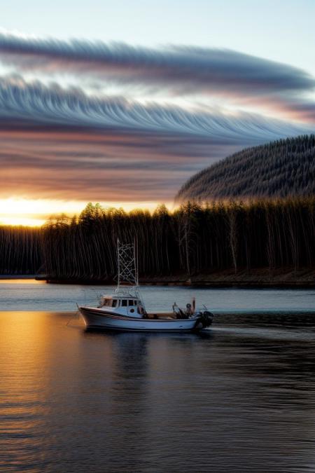 masterpiece, best quality, ultra-detailed, realistic, 8k, RAW photo, distant-view, (fisherman fishing troubles on small boat in the middle of the lake, small fish were flying on the water around the fisherman:1.37), eagle on distant trying to catch the fish, emphasize some little birds flying around, award winning realistic photography, morning, a bit cloudy, scenery photography, perfect shadow, perfect natural lighting, rich colors, perfect composition, perfect colors, flawless complexion photo, perfect intricate detailed, lakes, surreal, lifelike, real life scenery photo, top quality, trending on artstation, meadows, glitter, prettiest landscape, all kinds of flowers, fantastic, stunning, outstanding, finding nemo, breathtaking beautiful nature photo, out-of-this-world scenery, perfect reflection on water, depth of field, fisherman best day, detailerlora,