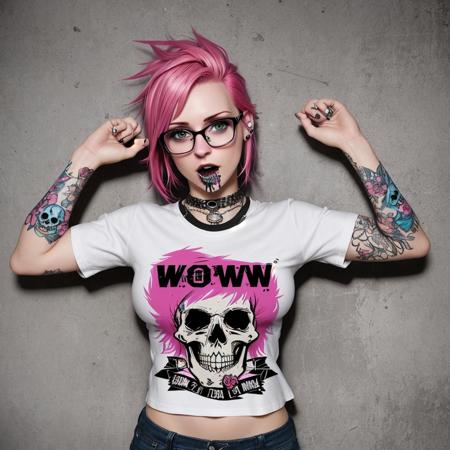 photograph of a beautiful punk woman, "WoW" t-shirt logo with skull design, pink hair, nerdy,

